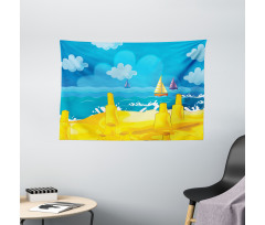 Vibrant Seaside Cartoon Scene Wide Tapestry