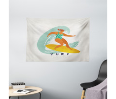 Woman Surfer on the Waves Art Wide Tapestry