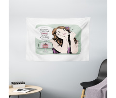 Eat Cake Text and Woman Wide Tapestry