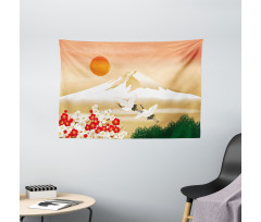 Japanese Landscape and Birds Wide Tapestry