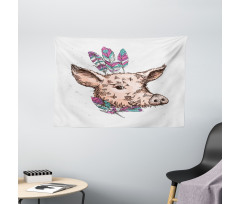 Pig Portrait Feathers Wide Tapestry