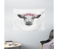 Cow with Roses Wreath Wide Tapestry