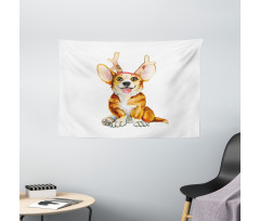 Corgi Dog with Deer Antlers Wide Tapestry