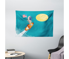 Astronaut Flying to the Moon Wide Tapestry