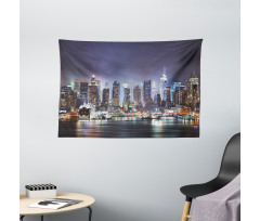 Manhattan Skyline at Night Wide Tapestry