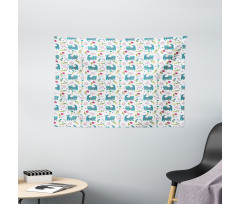 Folkloric Ornate Happy Cat Wide Tapestry