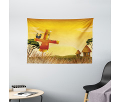 Farm Houses and Scarecrow Wide Tapestry