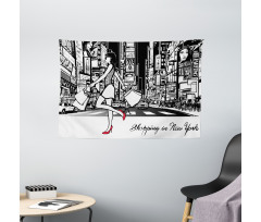 Lady Passing Crowded City Wide Tapestry