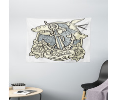 Anchor and Roses Clouds Wide Tapestry