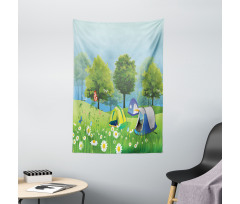 Tents in Spring Forest Tapestry