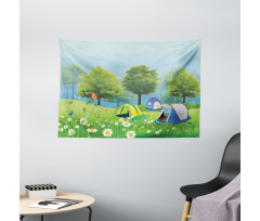 Tents in Spring Forest Wide Tapestry