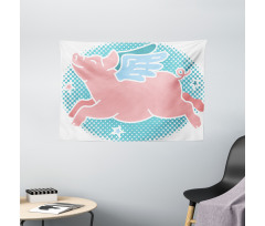 Happy Flying Pig Art Wide Tapestry