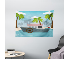 Cartoon Boat Palms Wide Tapestry