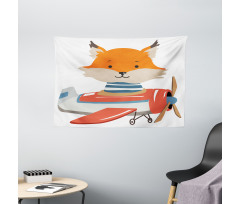 Funny Animal in Little Airplane Wide Tapestry