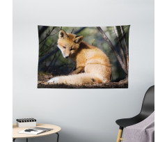 Young Coyote in Forest Sunrays Wide Tapestry