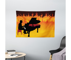 Pianist Man Playing on Flames Wide Tapestry