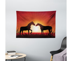 Horses Silhouette on Sunset Wide Tapestry