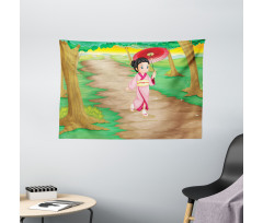 Cartoon Style Geisha Wide Tapestry