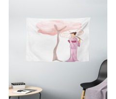 Woman Blossom Tree Wide Tapestry