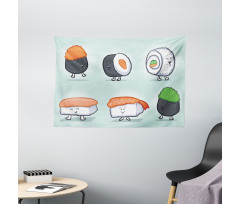 Funny Happy Sushi Characters Wide Tapestry