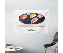 Sushi Text and Japan Plate Wide Tapestry