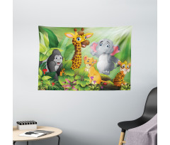 Cartoon Style Wild Animals Wide Tapestry