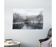 Trees in Cold Day Lake Wide Tapestry