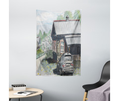 Parked Car Village House Tapestry