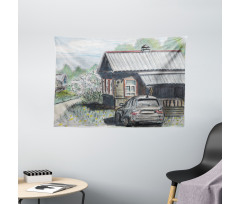 Parked Car Village House Wide Tapestry