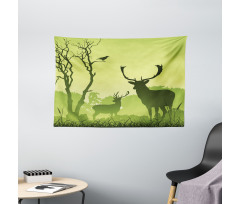 Deer Trees and Crow Bird Wide Tapestry