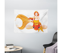 Princess on Goldfish Wide Tapestry