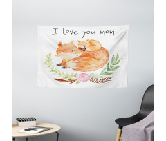 Mom Fox and the Baby Hugging Wide Tapestry