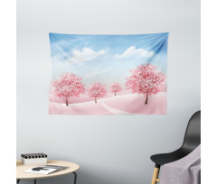 Blooming Sakura Trees Scene Wide Tapestry