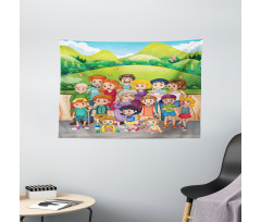 Cartoon Style Family Photo Wide Tapestry