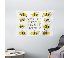 Love Text and Happy Bees Wide Tapestry