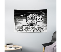 Woodcut Style Viking Tower Wide Tapestry