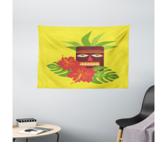 Tiki Mask and Exotic Hibiscus Wide Tapestry