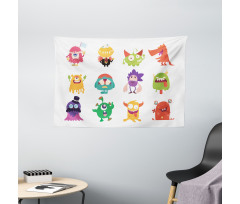 Funny Monsters Cartoon Art Wide Tapestry