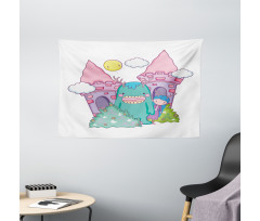 Little Girl Monster Castle Wide Tapestry