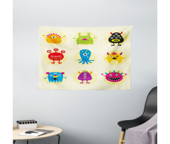 Colorful Monsters Funny Faces Wide Tapestry