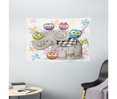 Elephant and Owls Love Wide Tapestry