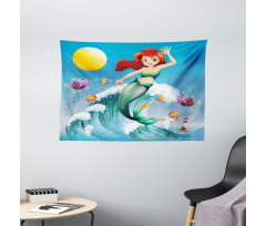 Wave with Cartoon Fish Wide Tapestry