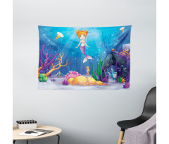 Cartoon Mermaid Fish Wide Tapestry