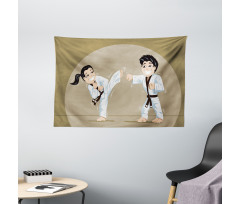 Children Karate Cartoon Art Wide Tapestry