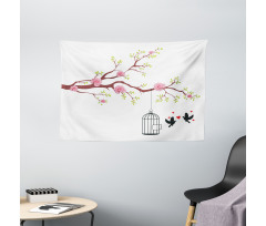 Roses Blossoms Birds Wide Tapestry