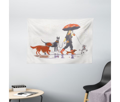 Girl with Dogs in Rain Wide Tapestry