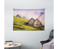 Wooden Houses Mountain Wide Tapestry