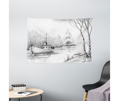 Black White Boat River Wide Tapestry