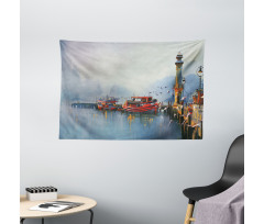 Harbor Boats and Birds Wide Tapestry