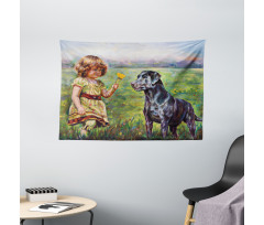 Flower Dog with a Girl Wide Tapestry